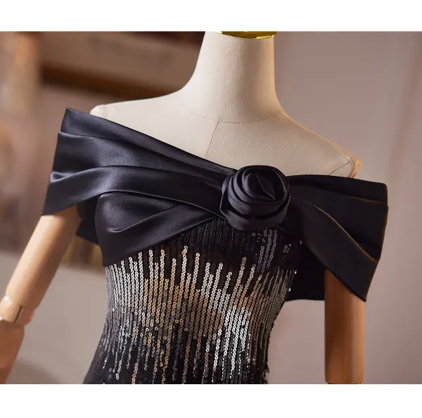 Scintillantes Noire Paillettes Robe De Bal 2026 Trompette / Sirène De l'épaule Manches Courtes Dos Nu Longue Robe De Ceremonie