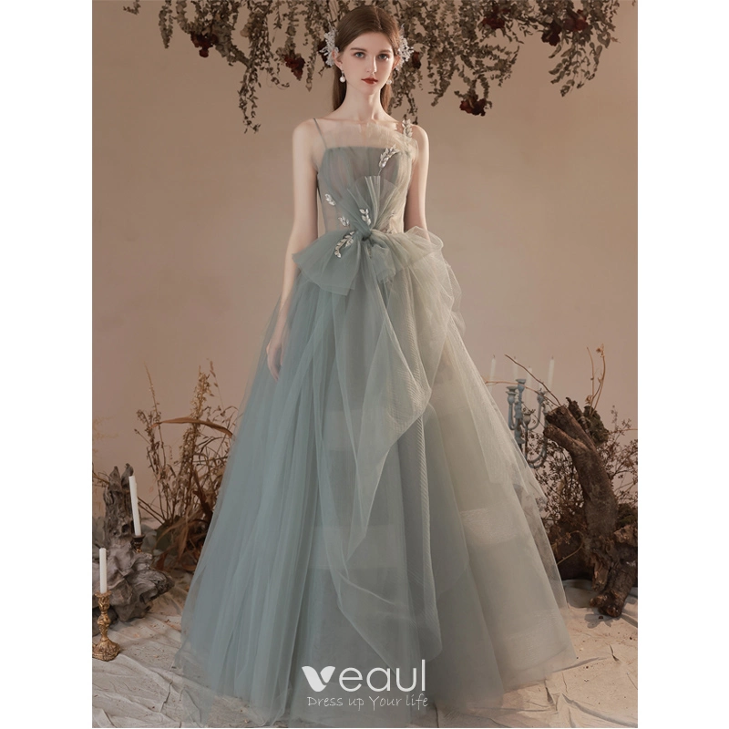 Charming Sage Green Prom Dresses 2022 A-Line / Princess Spaghetti Straps  Sleeveless Backless Beading Floor-Length / Long Prom Formal Dresses