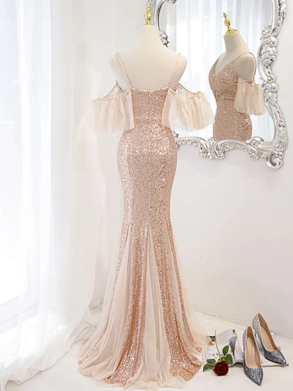 Scintillantes Sexy Doré Paillettes Robe De Soirée 2023 Trompette / Sirène Bretelles Spaghetti Manches Courtes Dos Nu Longue Soirée Robe De Ceremonie