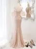 Sparkly Sexy Gold Sequins Evening Dresses 2023 Trumpet / Mermaid Spaghetti Straps Short Sleeve Backless Floor-Length / Long Evening Party Formal Dresses