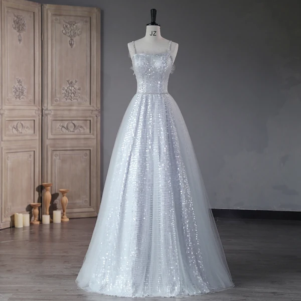 Scintillantes Gris Paillettes Robe De Soirée 2023 Robe Boule Faux Diamant Bretelles Spaghetti Sans Manches Dos Nu Longue Soirée Robe De Ceremonie