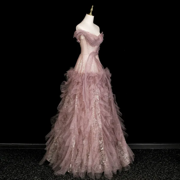 Haut de Gamme Rougissant Rose Appliques Faux Diamant Paillettes Volants en Cascade Robe De Bal 2025 Princesse De l'épaule Sans Manches Dos Nu Longue Robe De Ceremonie