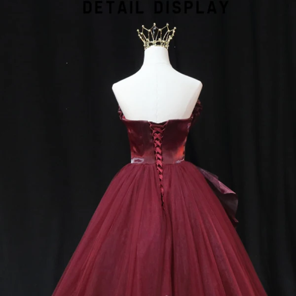 Mode Haut de Gamme Bordeaux Noeud Robe De Bal 2023 Robe Boule Bustier Sans Manches Dos Nu Longue Promo Robe De Ceremonie