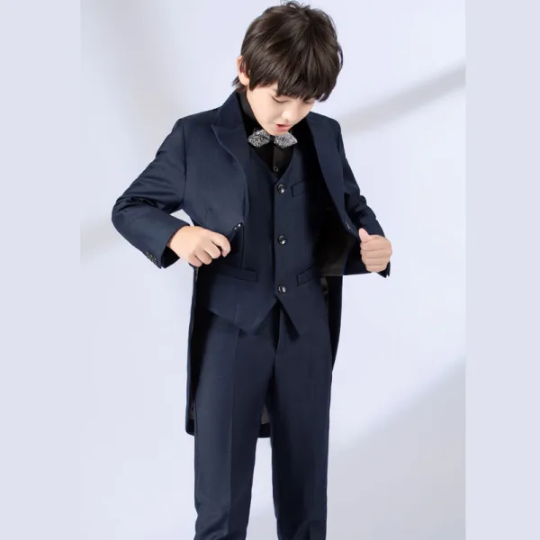 Bleu Marine 5 pièces Manches Longues Costume Garçon Mariage 2022 Manteau Pantalon Chemise Cravate Gilet Mariage