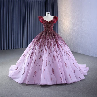 Haut De Gamme Dégradé De Couleur Bordeaux Fait Main Perlage Robe De Bal 2023 Robe Boule V Cou Sans Manches Dos Nu Longue Robe De Ceremonie