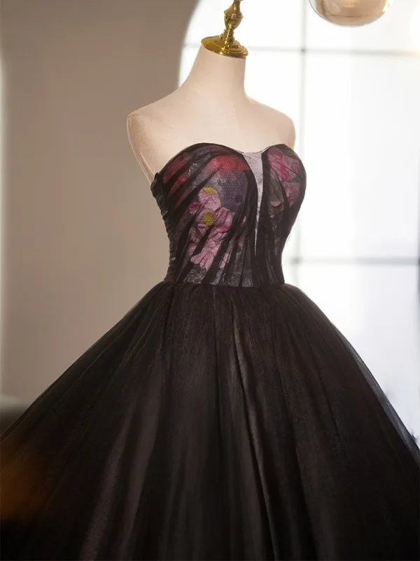 Elegant Black Printing Prom Dresses 2025 Ball Gown Strapless Sleeveless Backless Floor-Length / Long Prom Formal Dresses
