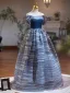 Modest / Simple Ocean Blue Prom Dresses 2024 Ball Gown Off-The-Shoulder Short Sleeve Backless Floor-Length / Long Prom Formal Dresses