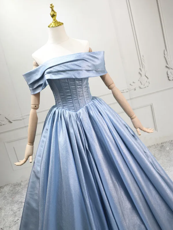 Modest / Simple Sky Blue Prom Dresses 2025 Ball Gown Off-The-Shoulder Short Sleeve Backless Floor-Length / Long Prom Formal Dresses