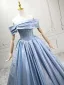 Modest / Simple Sky Blue Prom Dresses 2025 Ball Gown Off-The-Shoulder Short Sleeve Backless Floor-Length / Long Prom Formal Dresses