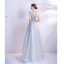 Chic / Beautiful Sky Blue Beading Pearl Rhinestone Prom Dresses 2023 A-Line / Princess Scoop Neck Bow Sleeveless Backless Floor-Length / Long Prom Formal Dresses