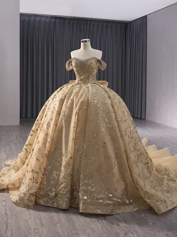 Luxury / Gorgeous Gold Handmade  Beading Pearl Rhinestone Sequins Prom Dresses 2024 Ball Gown Off-The-Shoulder Short Sleeve Backless Bow Chapel Train Prom