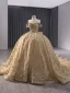 Luxury / Gorgeous Gold Handmade  Beading Pearl Rhinestone Sequins Prom Dresses 2024 Ball Gown Off-The-Shoulder Short Sleeve Backless Bow Chapel Train Prom