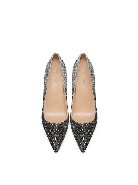 Glitter Zilveren Zwarte Pailletten Avond Pumps 2024 Leer 10 cm Naaldhakken / Stiletto Spitse Neus Pumps Hoge Hakken
