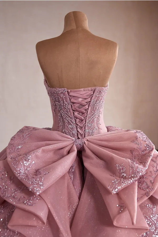Luxe Bling Bling Rose Sombre Glitter Perlage Paillettes Robe De Bal 2026 Robe Boule Bustier Sans Manches Dos Nu Noeud Tribunal Train Robe De Ceremonie