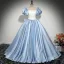Elegant Sky Blue Satin Prom Dresses 2024 Ball Gown Square Neckline Puffy Short Sleeve Backless Bow Floor-Length / Long Prom Formal Dresses