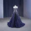 Haut de Gamme Bleu Marine Fait main Perlage Faux Diamant Robe De Bal 2023 Princesse Bustier Sans Manches Dos Nu Train De Balayage Promo Robe De Ceremonie