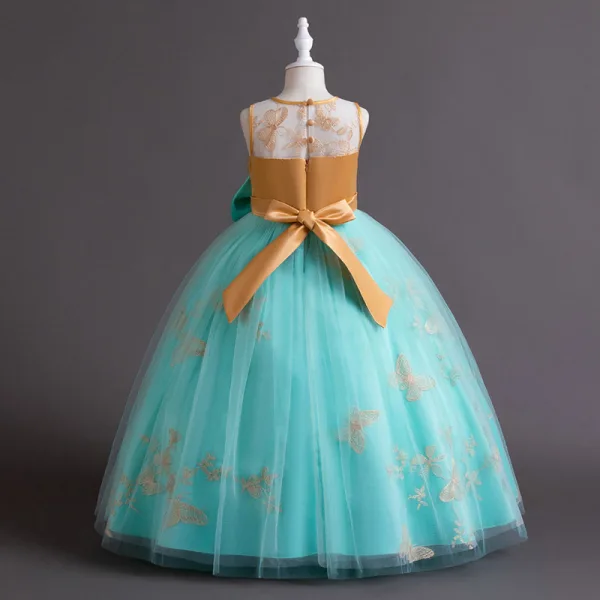 Chic / Beautiful Sky Blue Lace Flower Sequins Flower Girl Dresses 2024 Ball Gown Birthday Sleeveless Scoop Neck Bow Floor-Length / Long