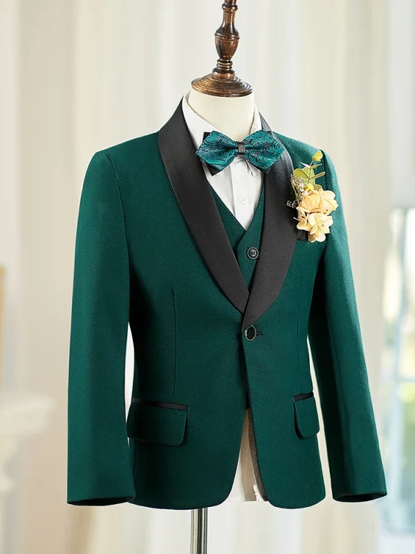 Fall Winter Dark Green Long Sleeve 6-piece Boys Wedding Suits 2025 Body Jewellery Coat Pants Shirt Tie Vest