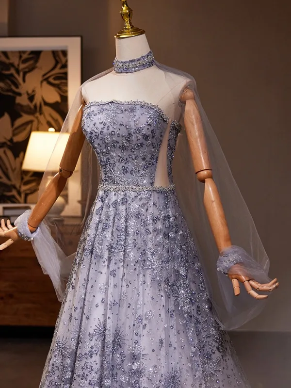 Charming Lavender Beading Rhinestone Prom Dresses 2024 A-Line / Princess Strapless Sleeveless Backless Floor-Length / Long Prom Formal Dresses