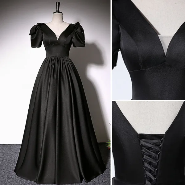Elegant Black Satin Prom Dresses 2022 A-Line / Princess V-Neck Short Sleeve Backless Floor-Length / Long Formal Dresses