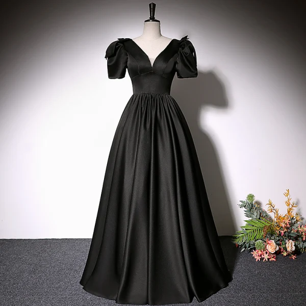 Elegant Black Satin Prom Dresses 2022 A-Line Princess V-Neck Short Sleeve Backless Long