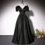 Elegant Black Satin Prom Dresses 2022 A-Line / Princess V-Neck Short Sleeve Backless Floor-Length / Long Formal Dresses