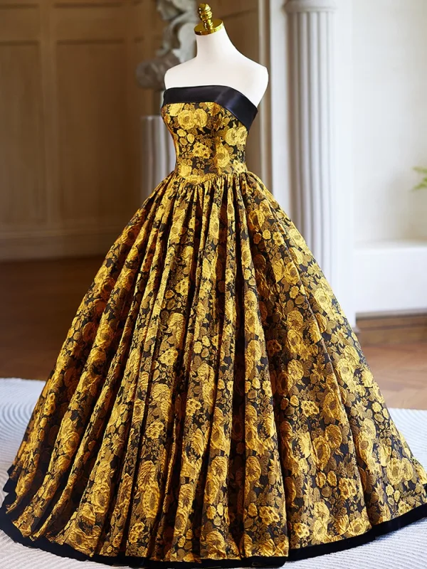 Vintage / Originale Doré Impression Robe De Bal 2024 Robe Boule Bustier Sans Manches Dos Nu Longue Promo Robe De Ceremonie