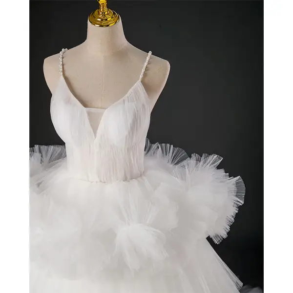 Light Ivory Cascading Ruffles Pierced Wedding Dresses 2022 Ball Gown Spaghetti Straps Pearl Sleeveless Backless Floor-Length / Long Wedding