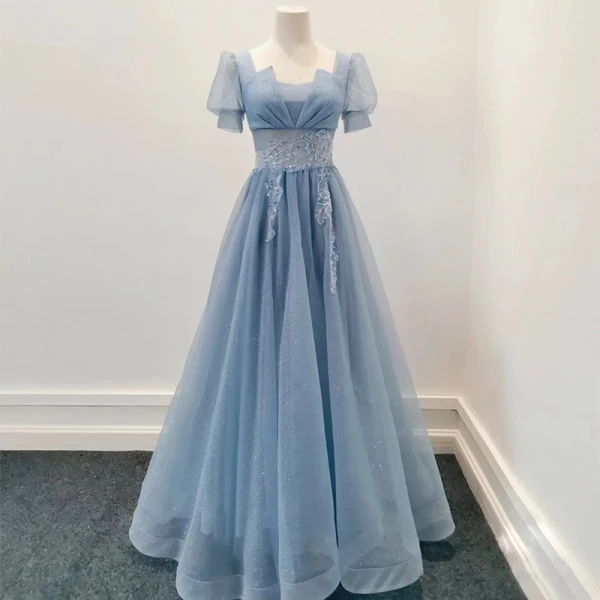 Elegant Sky Blue Beading Lace Flower Prom Dresses 2023 A-Line / Princess Square Neckline Short Sleeve Backless Floor-Length / Long Prom Formal Dresses