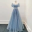Elegant Sky Blue Beading Lace Flower Prom Dresses 2023 A-Line / Princess Square Neckline Short Sleeve Backless Floor-Length / Long Prom Formal Dresses