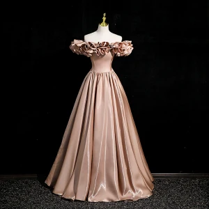Elegantes Caqui Ruffle Satén Vestidos De Gala 2023 A Line Princess Fuera Del Hombro Manga Corta Sin Espalda Largos Gala Vestidos Formales