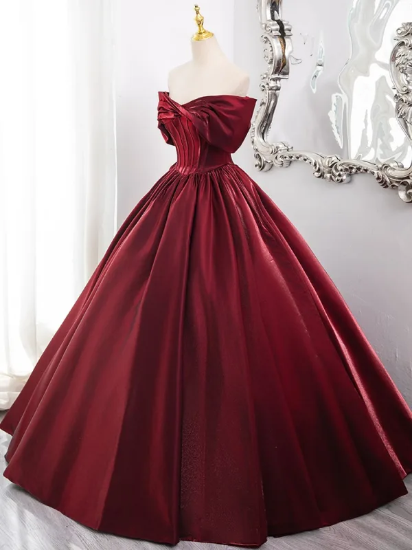Chic / Beautiful Burgundy Satin Prom Dresses 2024 Ball Gown Off-The-Shoulder Sleeveless Backless Floor-Length / Long Prom Formal Dresses