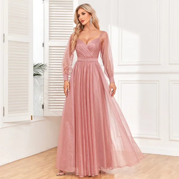 Elegant Blushing Pink Prom Dresses 2024 A-Line / Princess V-Neck Long Sleeve Backless Floor-Length / Long Prom Formal Dresses