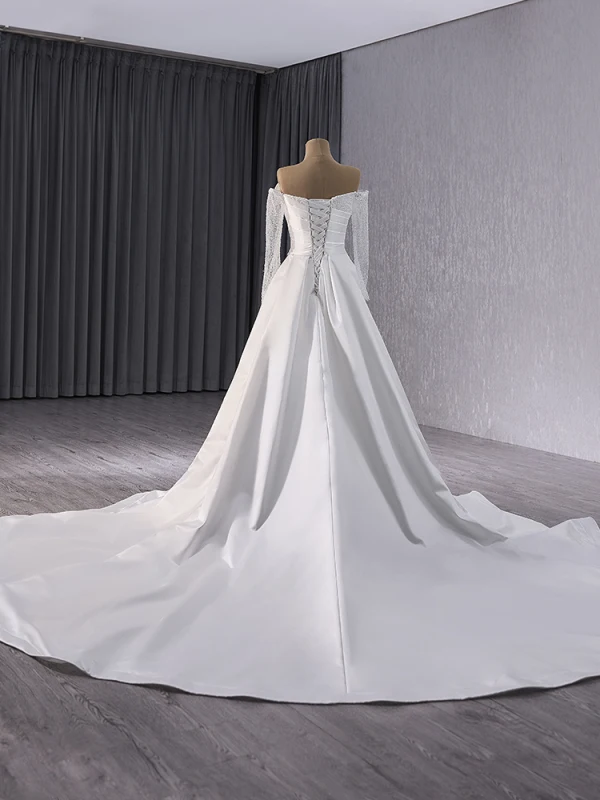 High End Weiß Handgefertigt Perlenstickerei Pailletten Brautkleider / Hochzeitskleider 2024 Meerjungfrau Off Shoulder Lange Ärmel Rückenfreies Kapelle-Schleppe Hochzeit