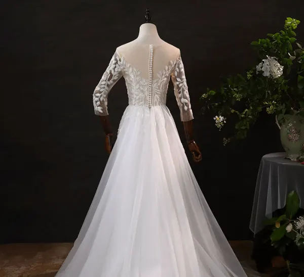 Elegant Leaf Lace Ivory Bridal Wedding Dresses 2021 A-Line / Princess Scoop Neck 3/4 Sleeve Court Train Tulle