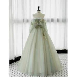 Elegant Sage Green Rhinestone Lace Flower Prom Dresses 2023 A Line Princess Off The Shoulder Sleeveless Backless Floor Length Long Prom Formal Dresses