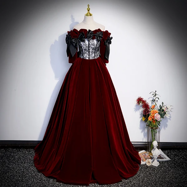 Elegant Burgundy Suede Velour Prom Dresses 2023 A-Line / Princess  Off-The-Shoulder Short Sleeve Backless Bow Sweep Train Prom Formal Dresses