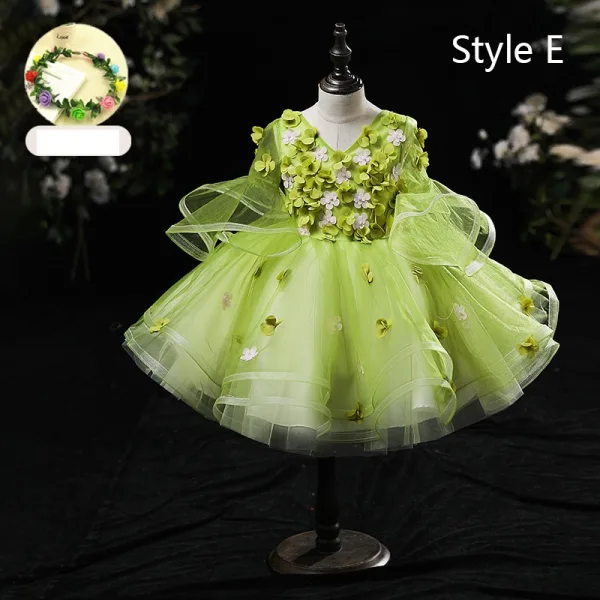 Flower Fairy Sage Green Appliques Birthday Flower Girl Dresses 2024 Ball Gown V-Neck Bell sleeves Floor-Length / Long