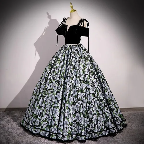 Chic / Beautiful Black Floral Prom Dresses 2023 Ball Gown Spaghetti Straps Rhinestone Short Sleeve Backless Floor-Length / Long Prom Formal Dresses