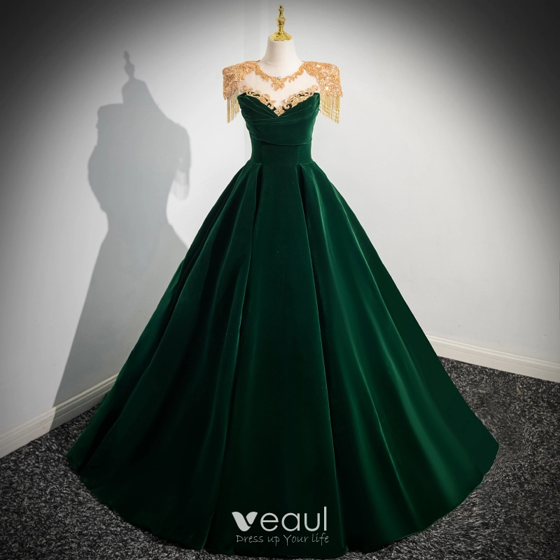 Elegant Dark Green Beading Tassel Velvet Prom Dresses 2024 Ball Gown ...