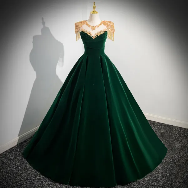 Elegant Dark Green Beading Tassel Velvet Prom Dresses 2024 Ball Gown Scoop Neck Sleeveless Backless Floor-Length / Long Prom Formal Dresses