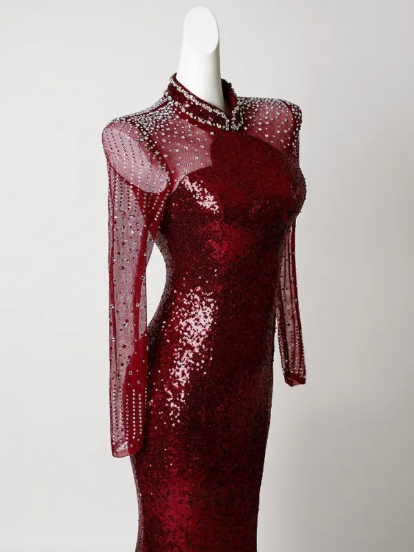 Sparkly Sexy Burgundy Sequins Rhinestone Evening Dresses 2026 Trumpet / Mermaid High Neck Long Sleeve Floor-Length / Long Formal Dresses