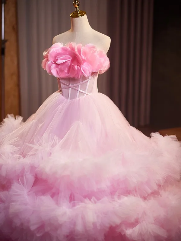 Fashion Candy Pink Cascading Ruffles Appliques Prom Dresses 2024 Ball Gown Strapless Sleeveless Backless Court Train Prom Formal Dresses