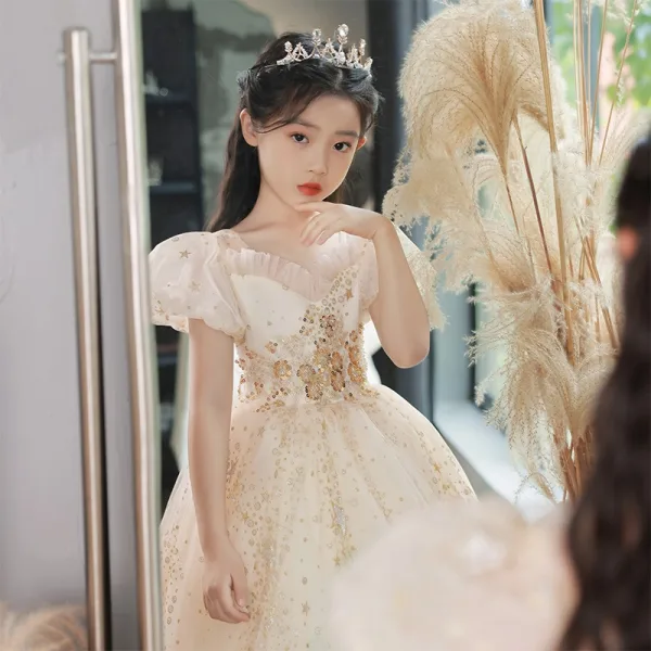 Chic / Beautiful Champagne Star Sequins Birthday Flower Girl Dresses 2023 A-Line / Princess V-Neck Puffy Short Sleeve Floor-Length / Long Flower Girl Dresses
