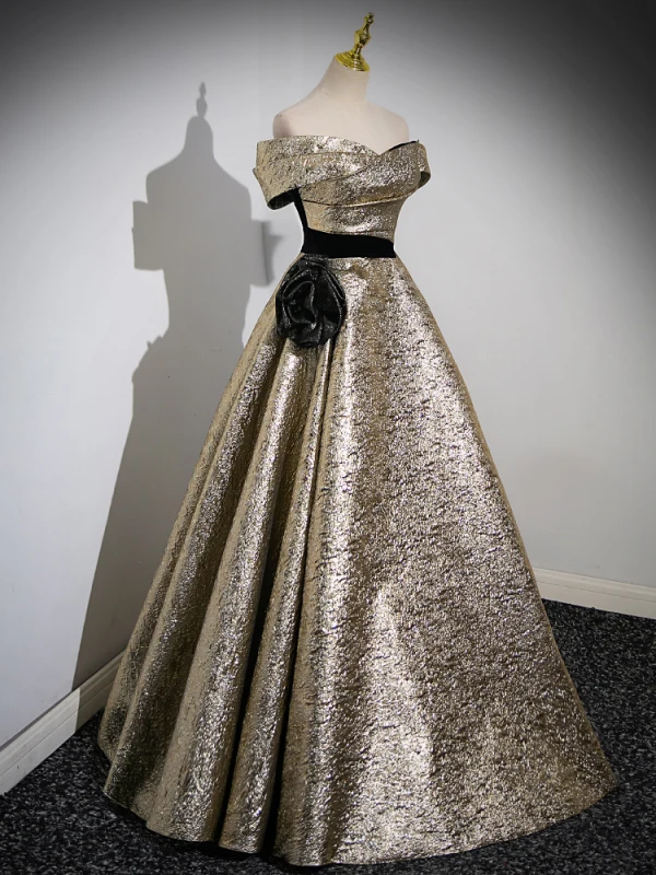 Unusual Gold Glitter Prom Dresses 2023 Ball Gown Off-The-Shoulder Short Sleeve Backless Floor-Length / Long Prom Formal Dresses