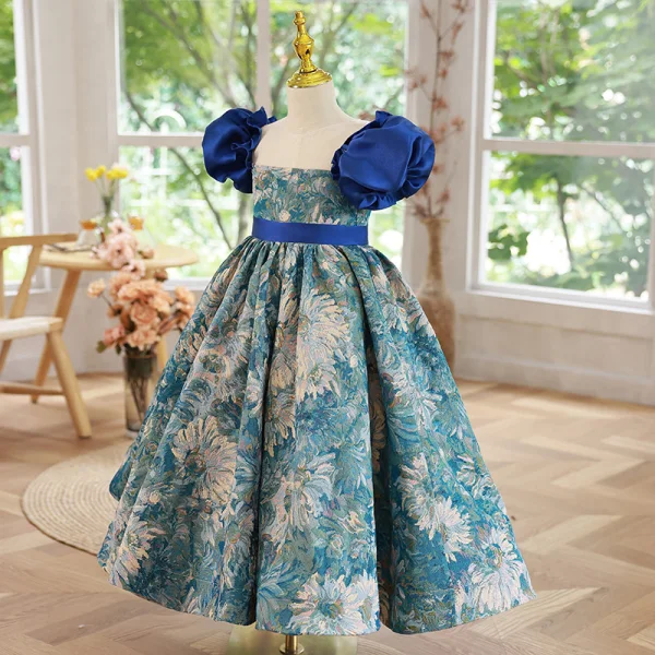 Vintage / Retro Royal Blue Birthday Embroidered Flower Girl Dresses 2022 A-Line / Princess Scoop Neck Puffy Short Sleeve Sash Floor-Length / Long Flower Girl Dresses