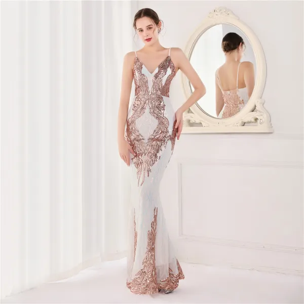 Charmant Doré Paillettes Robe De Soirée 2022 Trompette / Sirène Bretelles Spaghetti Sans Manches Dos Nu Longue Soirée Robe De Ceremonie