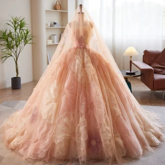 Luxe Fée Des Fleurs Champagne Fleur Robe De Bal Robe De Mariée 2023 Robe Boule Bustier Sans Manches Dos Nu Chapel Train Robe De Mariée