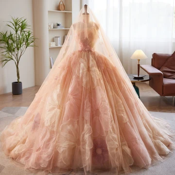 Luxury Gorgeous Flower Fairy Champagne Flower Prom Dresses Wedding Dresses 2023 Ball Gown Strapless Sleeveless Backless Chapel Train Wedding Dresses