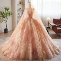 Luxus / Herrlich Blumenfee Champagner Blumen Ballkleider Brautkleider / Hochzeitskleider 2023 Ballkleid Bandeau Ärmellos Rückenfreies Kapelle-Schleppe Brautkleider